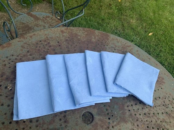 6 large blue tinted damask cotton towels, floral and polka dot weaving pattern, old