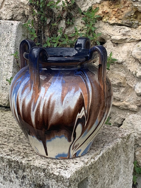 Cache pot, amphora vase in mixed earth, shades of blue, beige and white, pottery, vintage