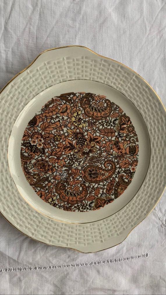 Cake dish, round dish, earthenware, cashmere pattern, vintage and collector