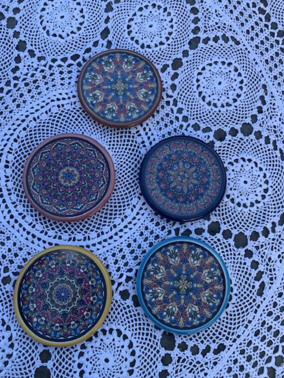 5 glazed ceramic coasters, vintage artisanal