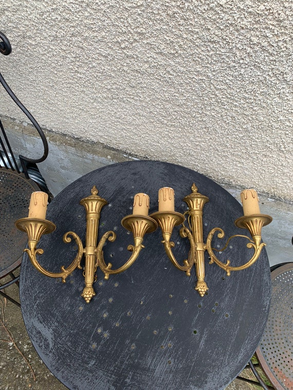 Light, Pair of wall sconces, double, golden brass base, vintage