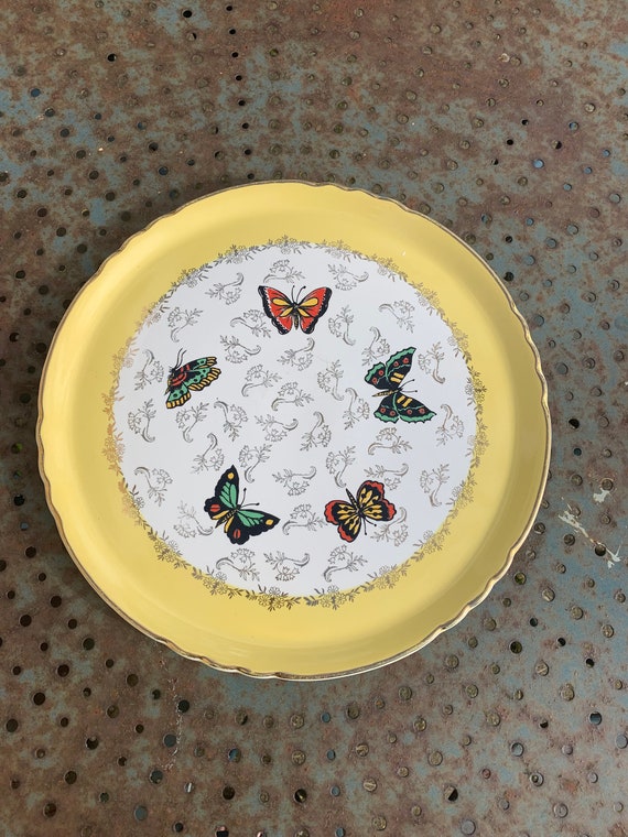 Cake dish, earthenware, yellow with multi-colored butterflies, vintage