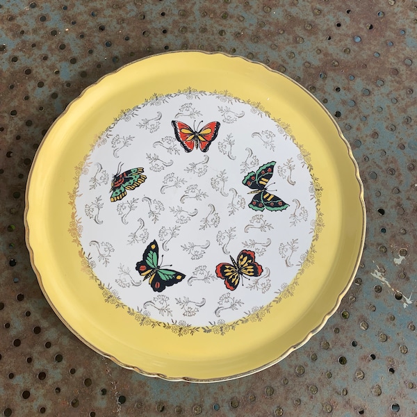 Plat a gateaux, en faïence, jaune avec des papillons muticolores, vintage