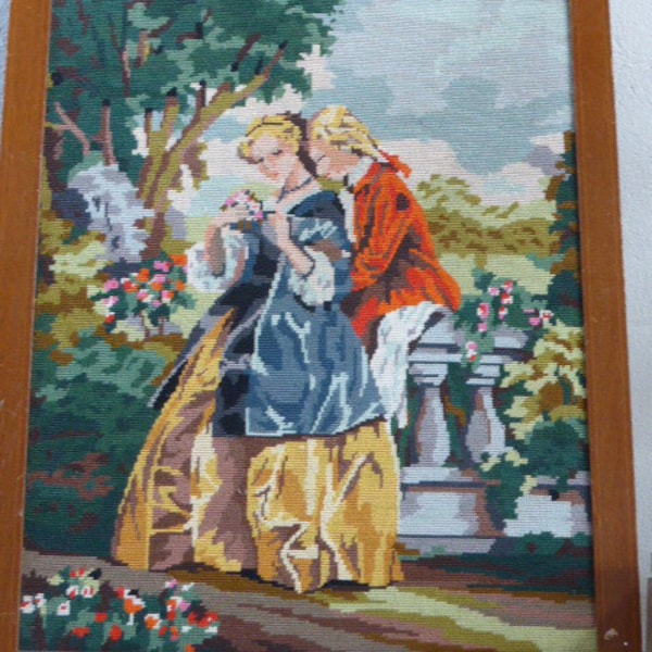 CANEVAS MARQUIS MARQUISE brodé terminé, tapisserie encadrée vintage 1970 baroque