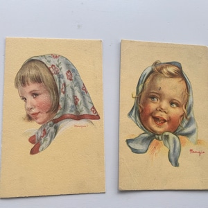Lot de deux cartes postales anciennes signees Mariapia, illustrations couleurs, fillettes, collection, vintage 1964