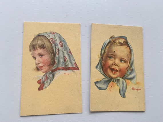 Set of two old postcards signed Mariapia, color illustrations, girls, collection,  vintage 1964