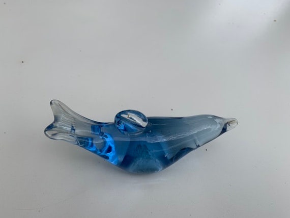 Charming vintage blue dolphin glass paperweight