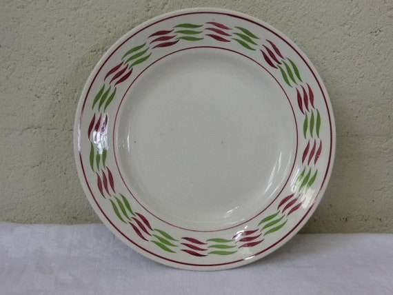 Cake dish, earthenware geometric patterns red and green vintage, stamped KG Luneville, France