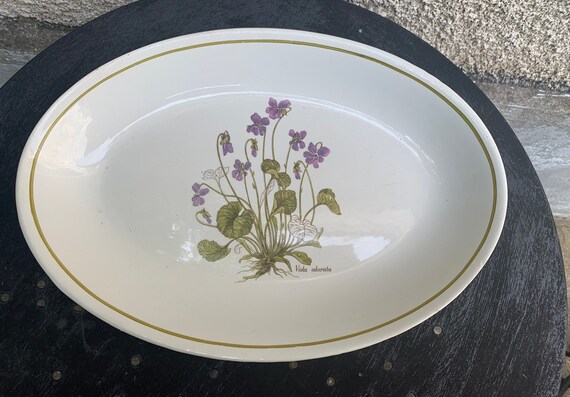 Oval earthenware serving dish herbarium model, viola odorata vintage wolf mill orchies france.