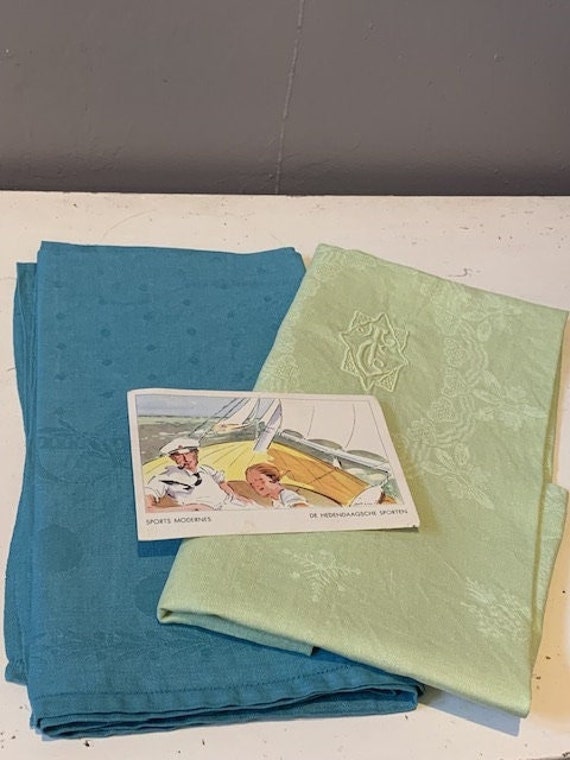 Duo set, composed of two large cotton and linen towels dyed blue and anise green, embroidered, TC monograms, old postcard, Art Deco