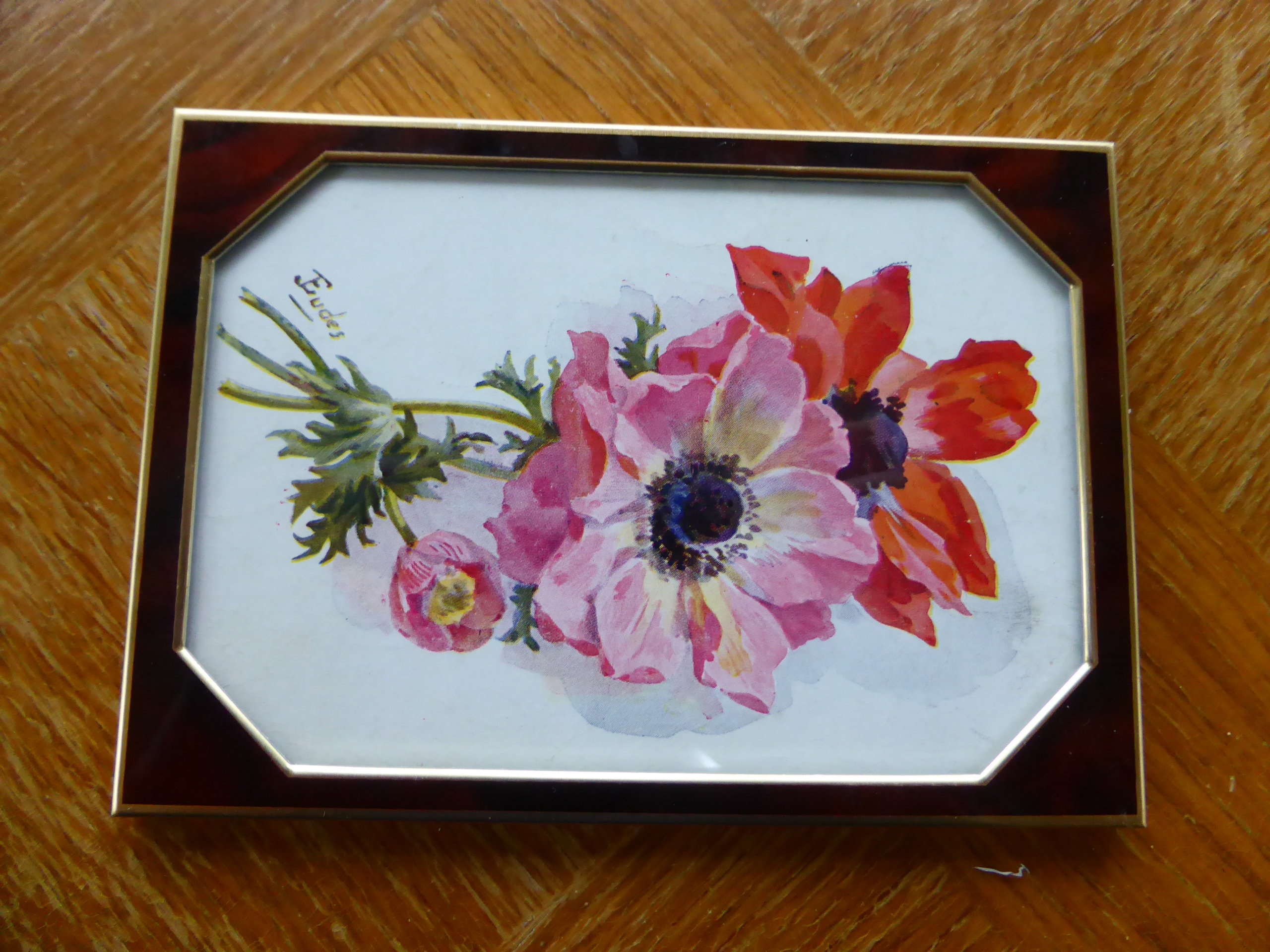 Cadre en Metal Vintage et Verre avec Une Carte Postale Ancienne Art Deco, Les Anemones