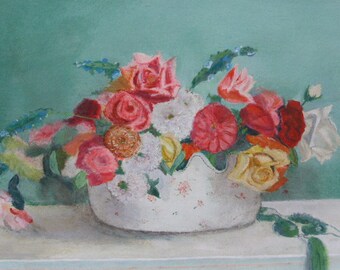Beautiful painting, painting floral composition in a pot, vintage