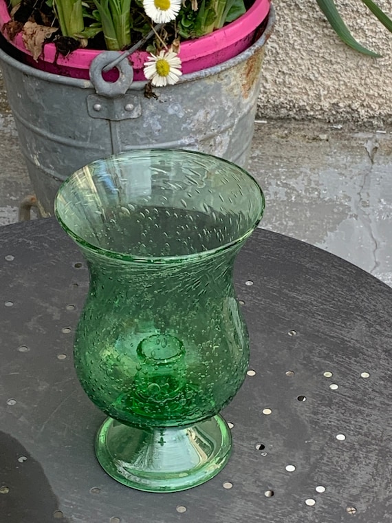 Tealight holder, green blown glass candle holder from BIOT glassworks, made in France, vintage and signed, collector and vintage