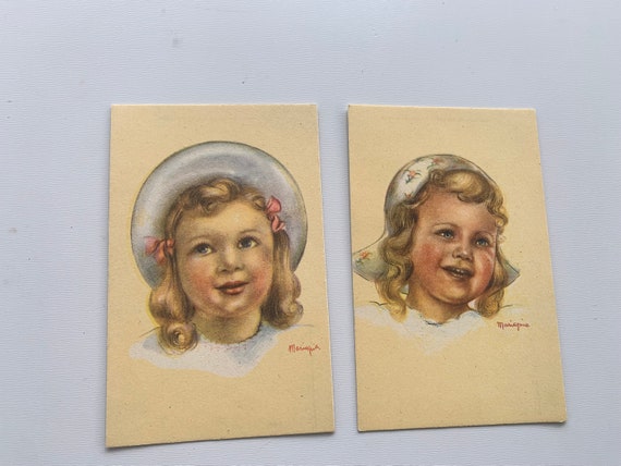 Set of two old postcards signed Mariapia, color illustrations, girls, collection