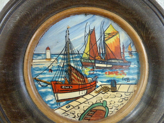 Hand-painted plate, Brittany marine scene, signed CTB, wood, vintage
