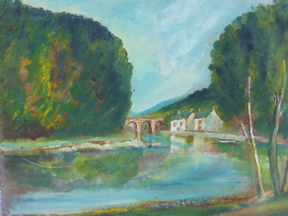 Painting the mill by the river 1950 vintage, unsigned, plant landscape with superb blue and green tones.