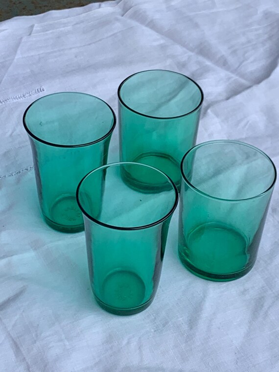 6 advertising green glass water glasses, brand Huile LESIEUR vintage 1960