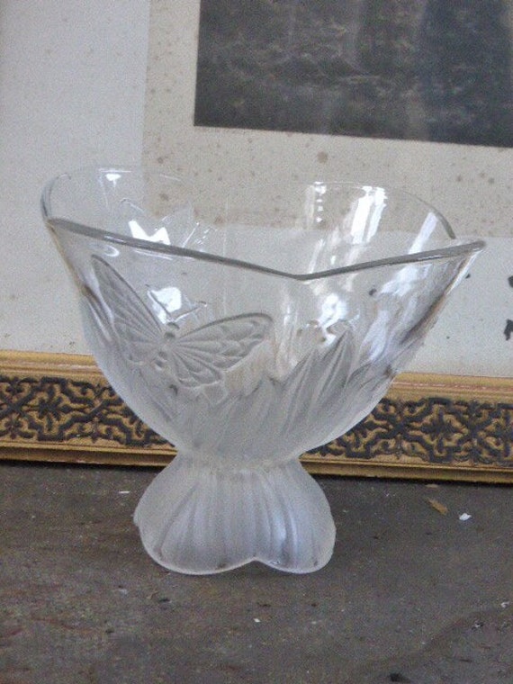 Salad or fruits bowl with butterflies in Bohemian crystal glass, transparent glass and vintage frosted glass