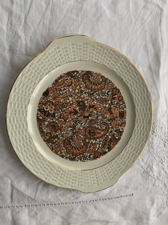 Cake dish, round dish, earthenware, cashmere pattern, vintage and collector