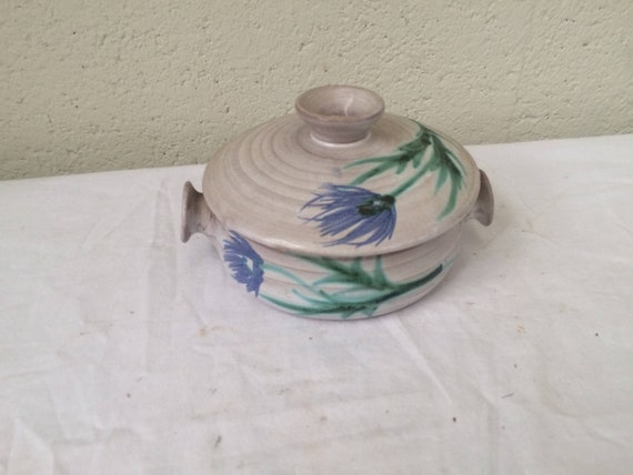 pot with ceramic lid enamelled in vallauris style, with painted blueberries, vintage 1970