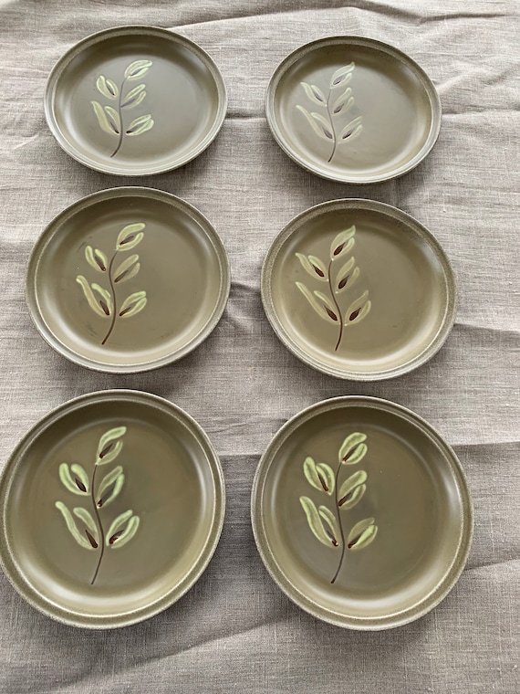 6 small enamelled ceramic dessert plates, hand painted, ATELIER DU REVERNAY, vintage