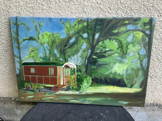 Painting the caravan in the forest, unsigned, vintage and bohemian,