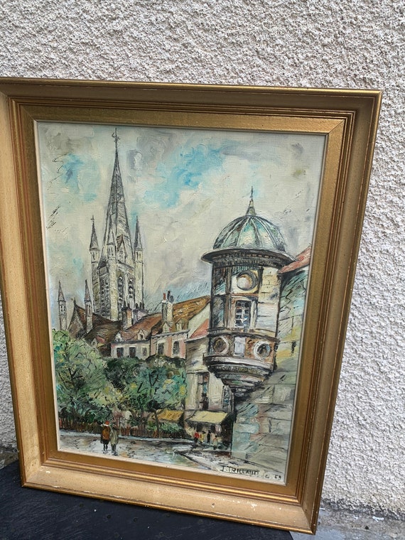 Signed board j.trillaut city scene canvas framed vintage 1969. Date April