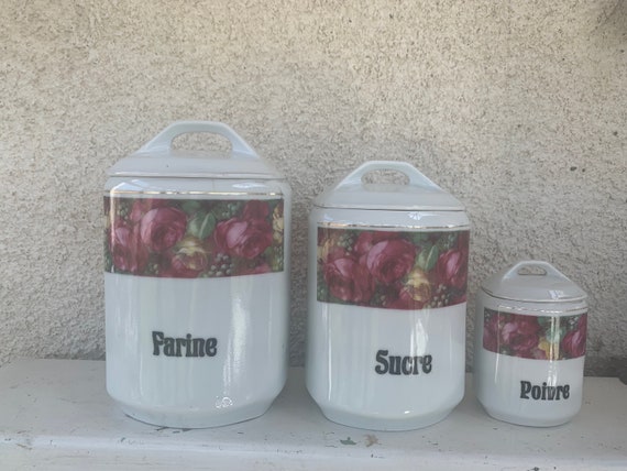 Set of 3 spice pots in white earthenware and rose motifs, flour, sugar and pepper, made in Czechoslovakia, AICH, art deco