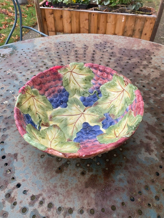 Enamelled ceramic salad bowl, barbotine, vintage bunch of grapes and vine leaves pattern