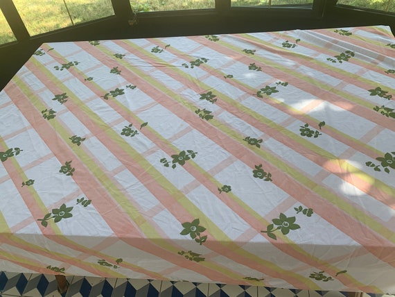 Rectangular terylene tablecloth, vintage 1970 camtex brand, salmon orange stripes and khaki green flowers