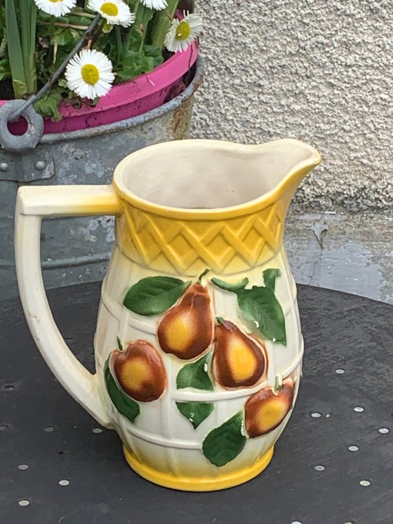 Pitcher, enameled ceramic jug, barbotine, pears and apples pattern on trellis, old and numbered 788