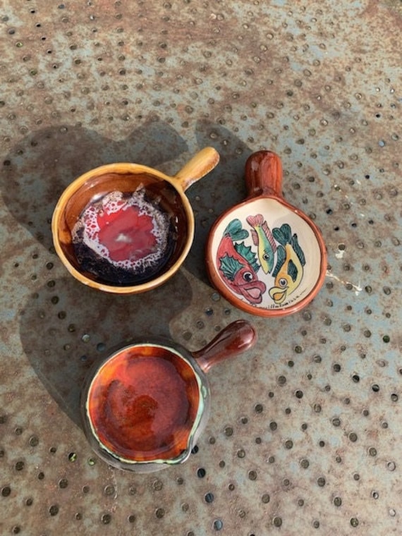 Set of 3 frying pans, enameled ceramic caquelons, vintage St Renan and Vallauris