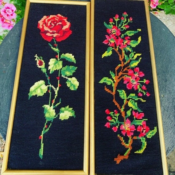 Pair of flowery canvas, roses and fruit trees framed in a golden wooden frame, vintage