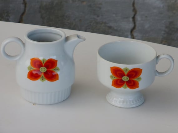 White porcelain cup and teapot with orange flowers, Bareuther Germany vintage 1970