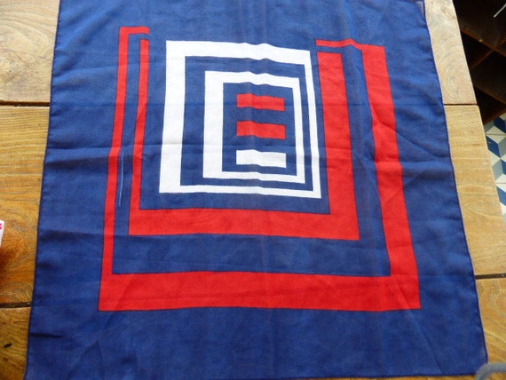 Scarf geometric patterns , blue, red white, Neuville , Movitex 100% polyester vintage 1970