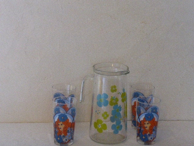 Service A Orangeade Composé d'une Carafe Motifs Fleurs de Lotus et 4 Verres Femmes Psychedéliques Vi