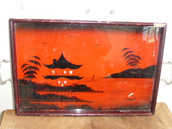 Tray very old, period ART DECO, glass and wood, asian painted design