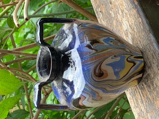 Vase Amphore en Ceramique Emaillée, Terre Melée Bleue et Beige Vintage