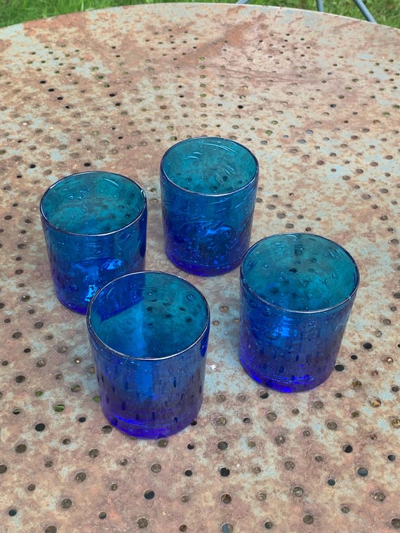 Set of 4 cobalt blue hand-blown whisky glasses, in the style of a vintage and collectible Biot glassware