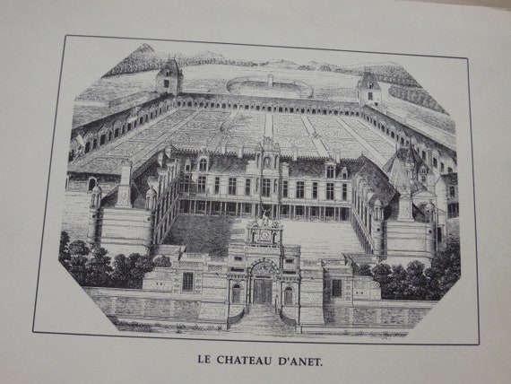 Lot of 4 old prints, chateau d anet, department 28