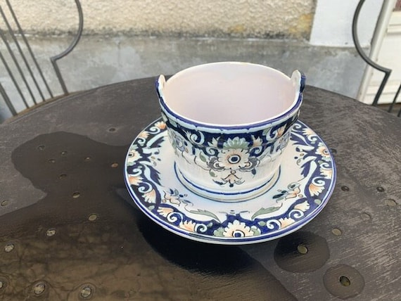 Butter dish, sauce pot in Old Rouen earthenware, handmade, made in France, floral pattern, vintage