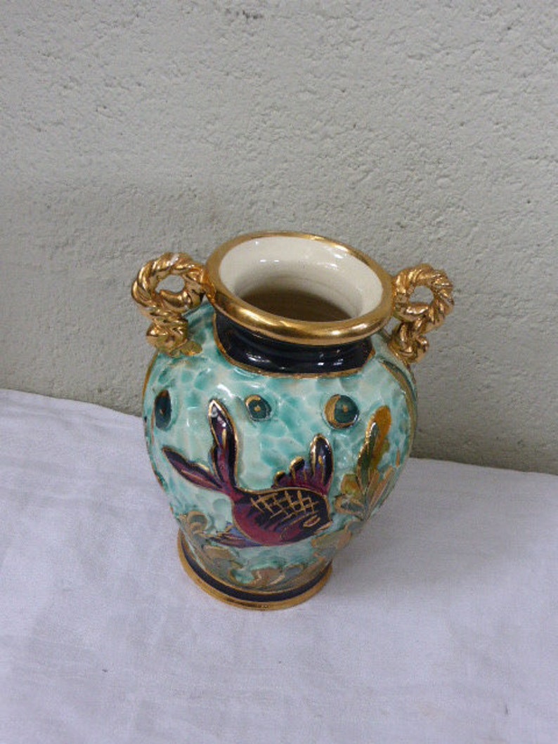Charming enameled ceramic vase of Monaco fish and wave decoration in relief vintage 195060