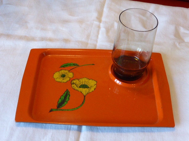 Plateau A Fleurs Orange et Verre Brun Vintage 1970