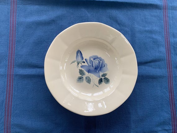 6 Digoin and Sarreguemines soup plates, made in France, numbered 54, blue rose model, octagonal, art deco