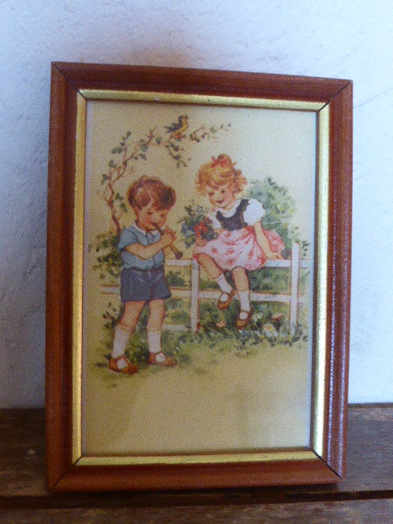 Wooden frame with old postcard and art Deco Humoristique Theme for children