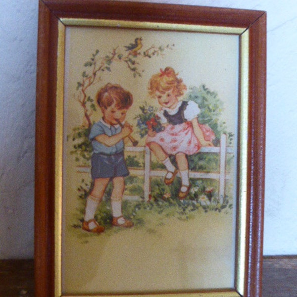 Cadre en bois avec carte postale ancienne et art Deco Humoristique Theme les enfants