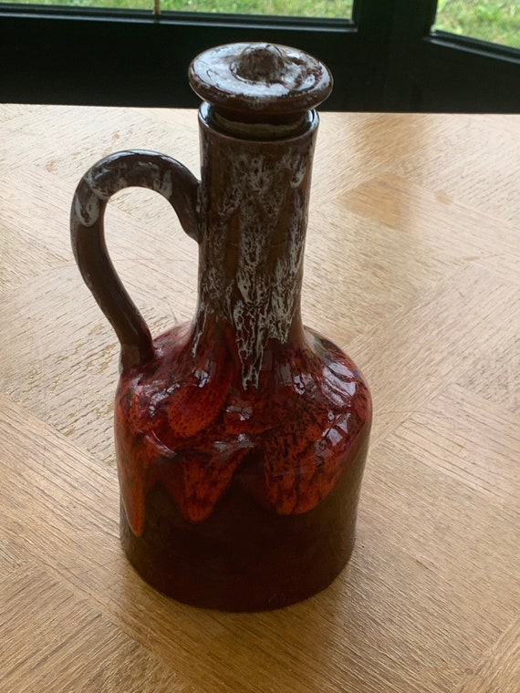 Decanter, Bottle, bottle with red and brown washed enameled ceramic stopper, stamped Vallauris vintage 1960