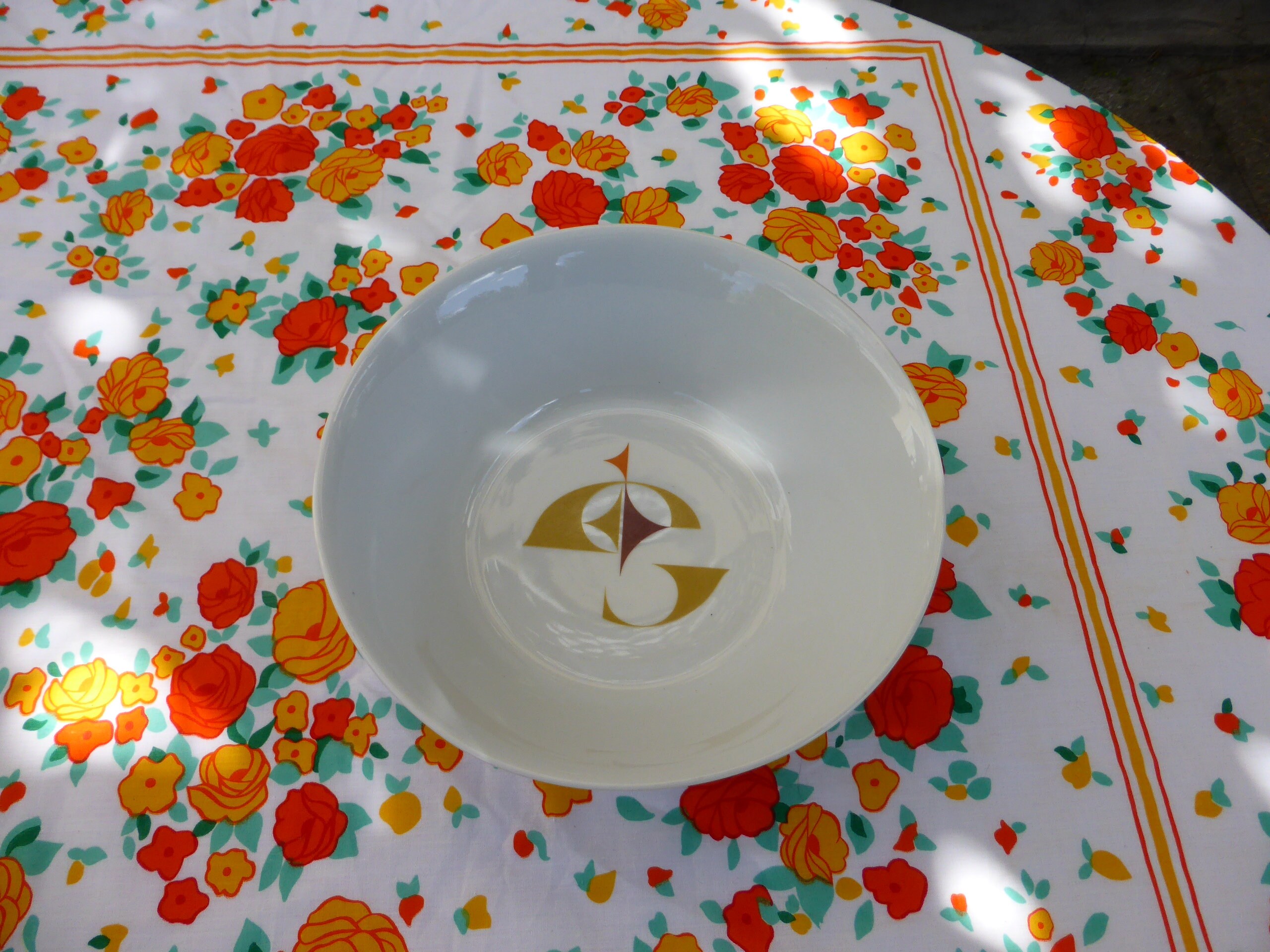 Saladier en Porcelaine Blanche, Schirnding Bavaria, Motif Geometrique et Design Vert Marron Vintage 