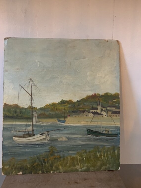 Painting on cardboard, boats and village, vintage, unsigned