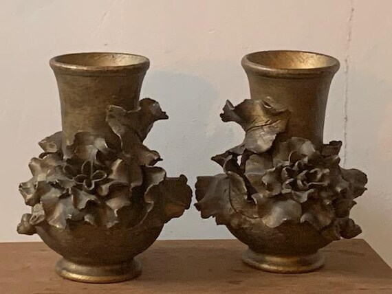 Paire de vases en barbotine, ceramique patine dore, signes Édouard Gilles, rare et collector
